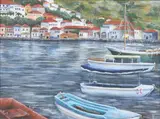 J. Hunt, Boats by the Shore, Oil on canvas