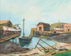 Tobiason, Pier with Boats, Oil on canvas board