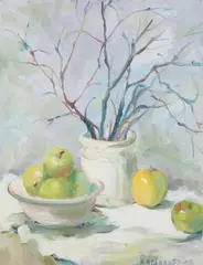 Helen Schnauffer, Still Life with Branches and Fruit, Oil on canvas board