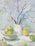 Helen Schnauffer, Still Life with Branches and Fruit, Oil on canvas board