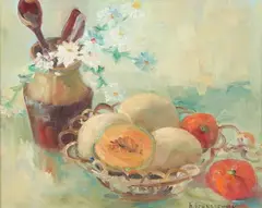 Helen Schnauffer, Still Life with Jar and Fruit Bowl, Oil on canvas board