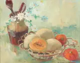 Helen Schnauffer, Still Life with Jar and Fruit Bowl, Oil on canvas board