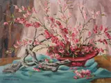 Martha Crosmer, Still Life with Branch and Flowers, Oil on canvas board