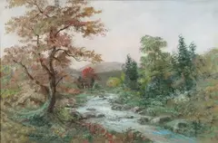 American School, Untitled, STREAM WITH COTTAGE, oil on canvas