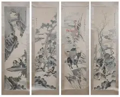 Zhen Ran, "Figures in Riverscape", Four scrolls, ink and color on paper. - Each: 58 in. x 15 1/2 in