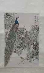Jiang Han Ting, "Peacock Perched on Flowering Branch", Ink and color on paper scroll