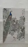 Jiang Han Ting, "Peacock Perched on Flowering Branch", Ink and color on paper scroll