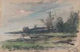 Émile Noirot, River Landscape Under Rain, Watercolor on paper