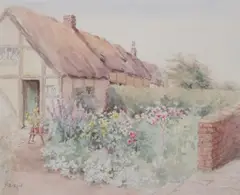 J.B. Reid, Flowering Cottage Garden in Spring, Watercolor