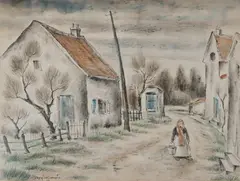 Henry Sugimoto, French Farm in Winter, Watercolor, pen and ink on paper