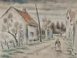 Henry Sugimoto, French Farm in Winter, Watercolor, pen and ink on paper