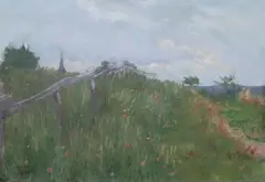 Hillside of Poppies Along Fence with Distant Steeple by H.F. Roussel, Oil on canvas, sold Sep 2007
