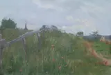 H.F. Roussel, Hillside of Poppies Along Fence with Distant Steeple, Oil on canvas