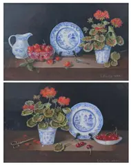 Enid Clark, STILL LIFE WITH RED GERANIUMS and BLUE WILLOW PLATES: TWO WORKS, each signed lower right, Oil on ivorine