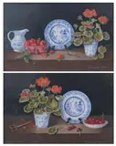 Enid Clark, STILL LIFE WITH RED GERANIUMS and BLUE WILLOW PLATES: TWO WORKS, each signed lower right, Oil on ivorine