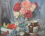 Aubrey Sykes, Roses in a Vase with Spring Flowers, Oil on canvas