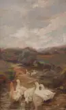 Alfred Towers, White Geese in a Stream, Oil on board