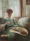 Girl with Hat at Window by American School, Oil on canvas, sold Sep 2007