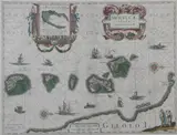 Willem Janszoon Blaeu, MAP OF THE MOLUCCAN ISLANDS, (Moluccae Insulae Celeberrimae), Engraving with hand-coloring