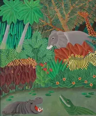 Salnave Philipe-Auguste, Jungle with Exotic Plants and Animals, Oil on masonite