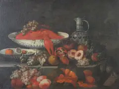 Dutch School, Still Life with Lobster, DELFTWARE AND POMEGRANATE ON A LEDGE, oil on canvas