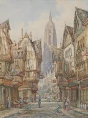 Frankfurt Street Scene with Cathedral in the Distance by Albert Quirin Schäfer, Watercolor on paper, sold Sep 2007