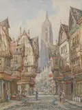 Albert Quirin Schäfer, Frankfurt Street Scene with Cathedral in the Distance, Watercolor on paper