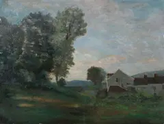 Barbizon School, Farm House at Dusk, FARM HOUSE AT DUSK, oil on board