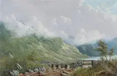Samuel John Barnes, Footbridge in the Misty Highlands, Oil on canvas