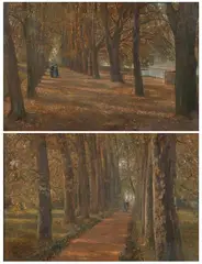 James Thomas Watts, COUPLE WALKING TREE LINED PATH; TWO WORKS, first, Oil on canvas