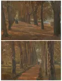 James Thomas Watts, COUPLE WALKING TREE LINED PATH; TWO WORKS, first, Oil on canvas