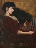 Henry Marriot Paget, Lady in Maroon Dress with Ostrich Fan, Oil on canvas