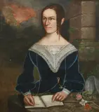 American School, Untitled, A LADY IN BLUE VELVET WITH BOOK AND BONNET, oil on canvas laid on masonite