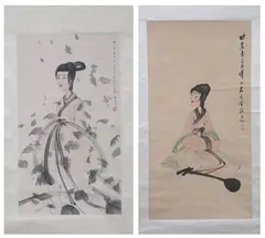 "Woman in Robe"; "Woman playing a Jin" by Fu Baoshi, Ink and color on paper, scrolls, signed and sealed (2), offered Nov 2007