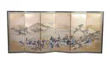 Mori Kansai, "Figures in Riverscape", Six panel screen, signed, ink and color on paper - Each panel: 48 in. x 18 1/2 in