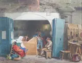 Louis Haghe, Doorway Market, Watercolor