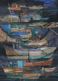 Fischer, Boats, Mixed media on board