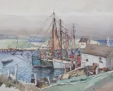 Julius M. Delbos, Docked Sailing Vessels, Watercolor on paper