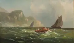 Von Devers, Boats Along a Rocky Coastline, Oil on canvas
