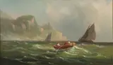 Von Devers, Boats Along a Rocky Coastline, Oil on canvas