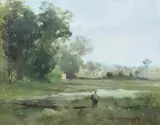 Fishing by a Grassy Field by Continental School, Oil on canvas, sold Nov 2007