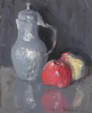 Still Life of Pewter Flagon and Apples by French School, Oil on panel, sold Nov 2007