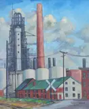 Thaddeus J. Haduch, Railroad Crossing, Oil on canvas board