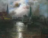 Alfred Jensen, Bridge and Harbor in Moonlight