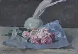 Charles-Auguste Edelmann, Still Life of Roses and Feathers in Vase, Oil on canvas