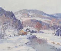Camillo Adriani, Cabins by a Winter Stream, Oil on canvas