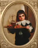 Untitled by English School, CHILD PRESENTING FRUIT PLATTER AND FLAGON, oil on canvas illegibly inscribed / signed lower left - Oval: 20 in. x 16 in, offered Nov 2007