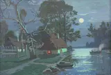 Russian School, Moonlight on a Ukranian Village, Gouache on paper