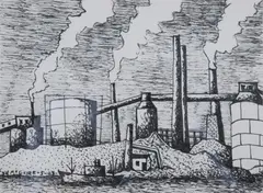 Ralph McGuire, Factory on the Water, Pen and ink drawing