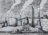 Ralph McGuire, Factory on the Water, Pen and ink drawing